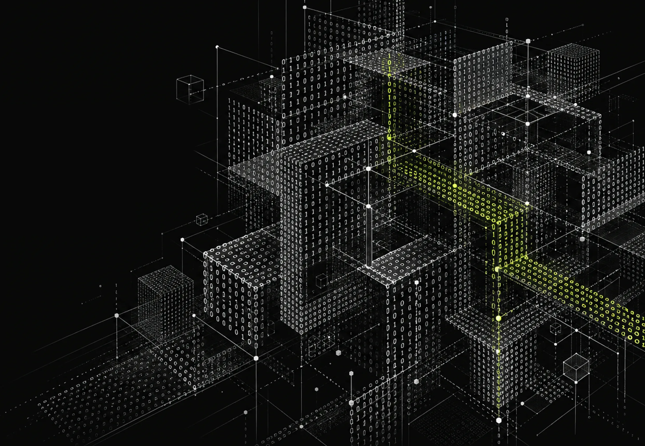 Line illustration of interlocking blocks built from binary digits, crossed by a lime route.