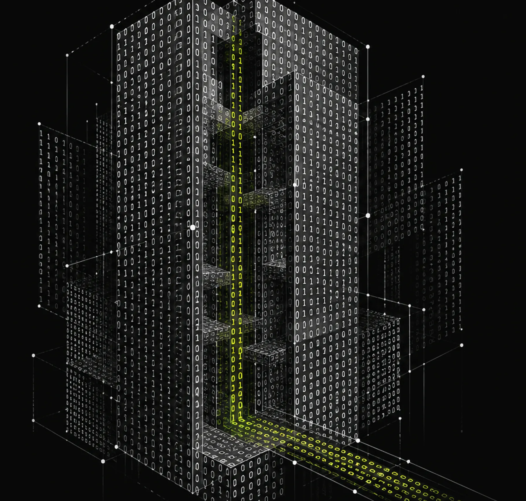 Line illustration of a tall structure built from binary digits, with a lime route running down its central cleft.