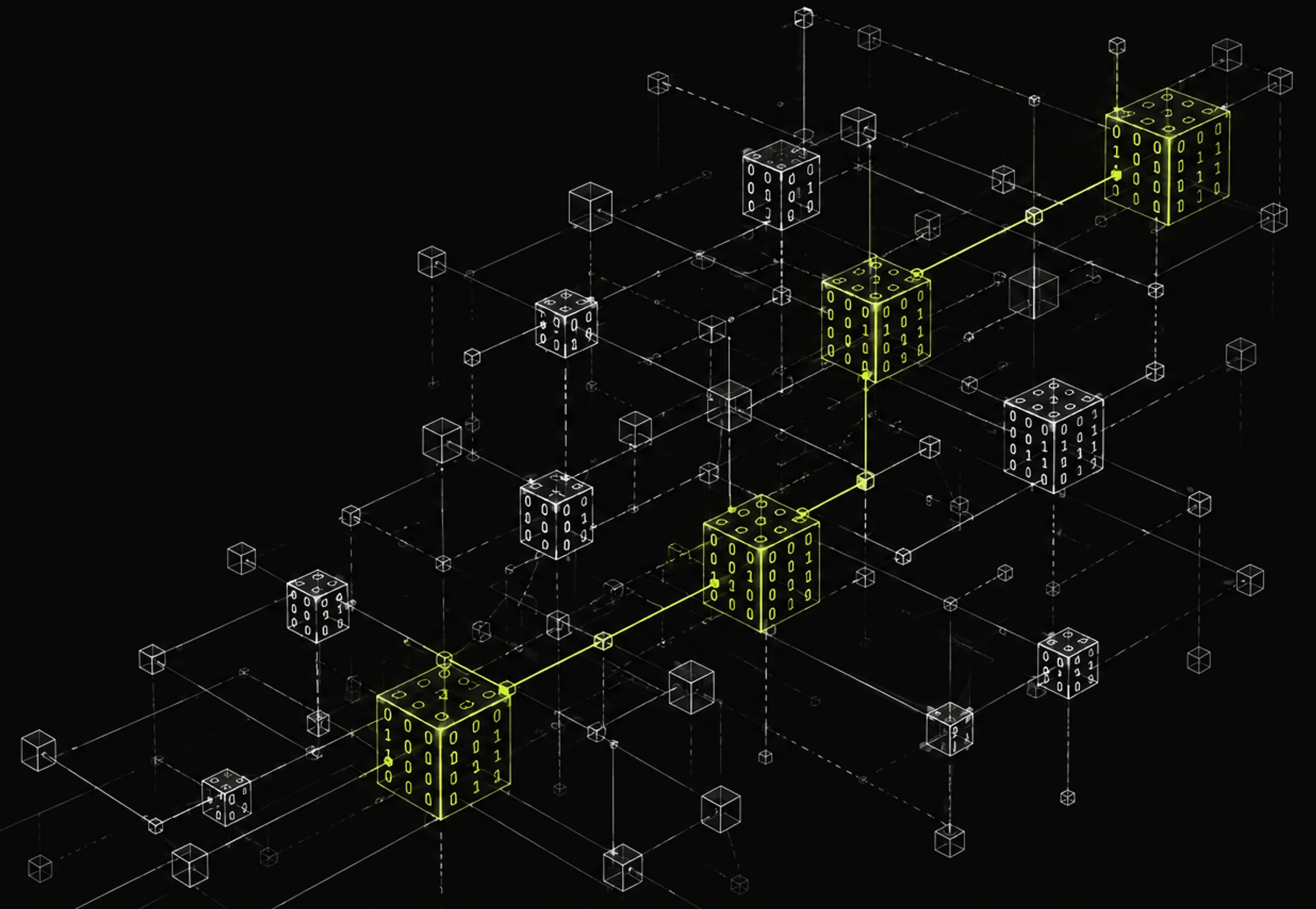 Line illustration of cubes connected in a network, with a lime path linking the highlighted nodes.