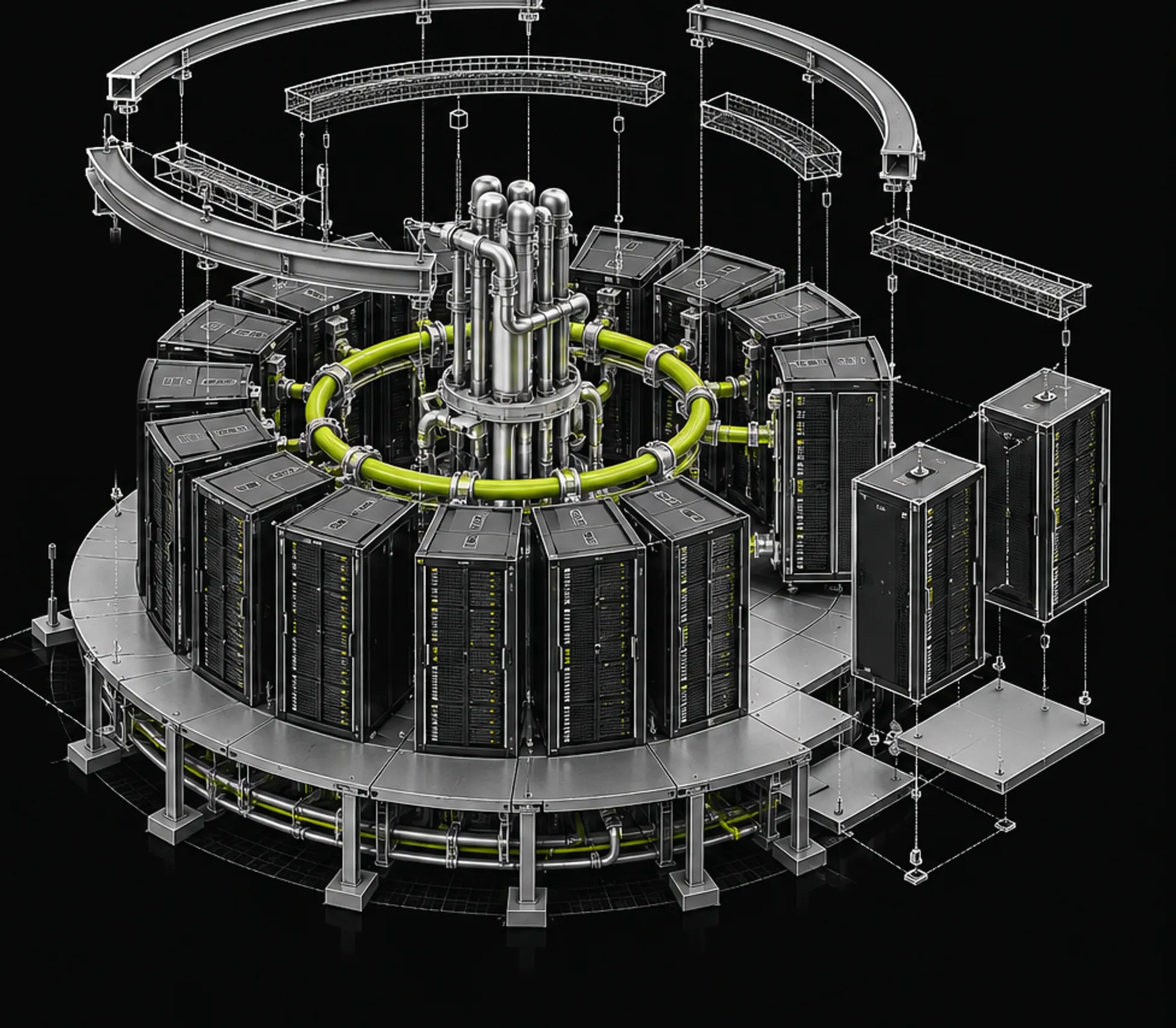 Isometric drawing of a circular compute hub: rack segments around a central cooling manifold, with a lime service ring.