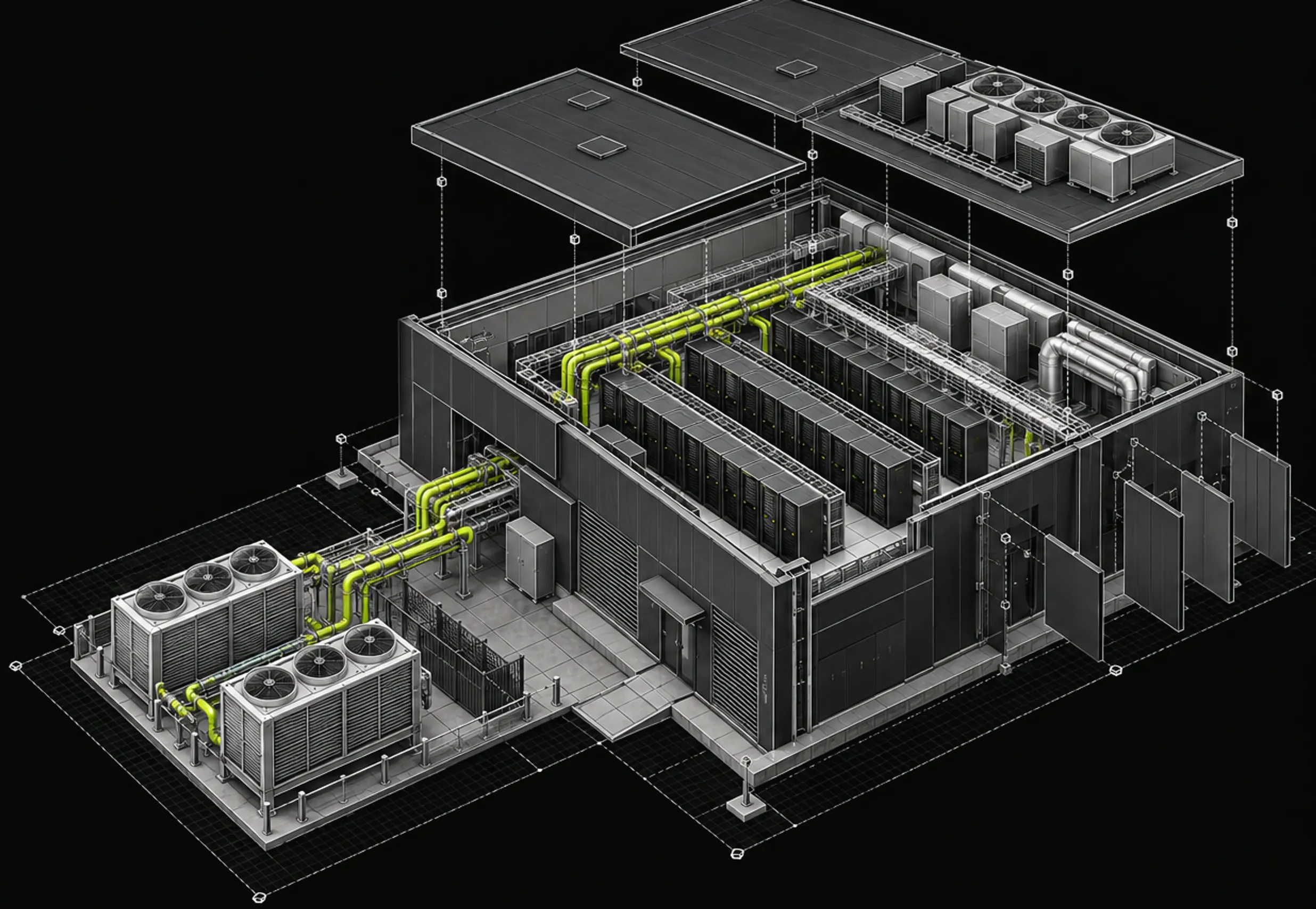 Isometric cutaway of an enclosed data center with roof sections lifted, server rows inside and lime cooling pipework to chillers outside.