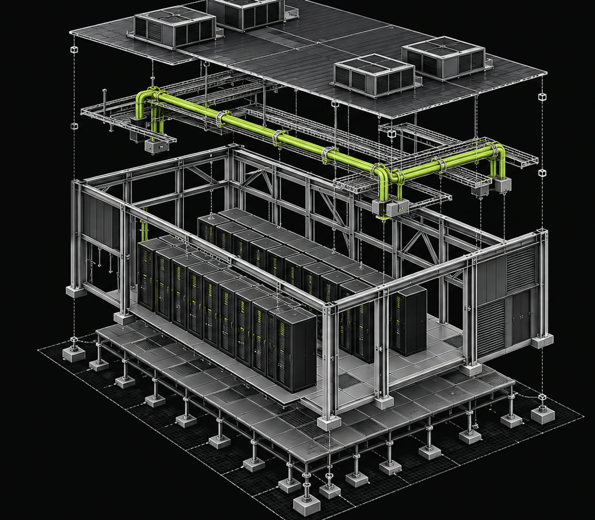 Exploded isometric drawing of a data center: roof with cooling units, service trays with lime pipework, steel frame, server racks and raised floor.