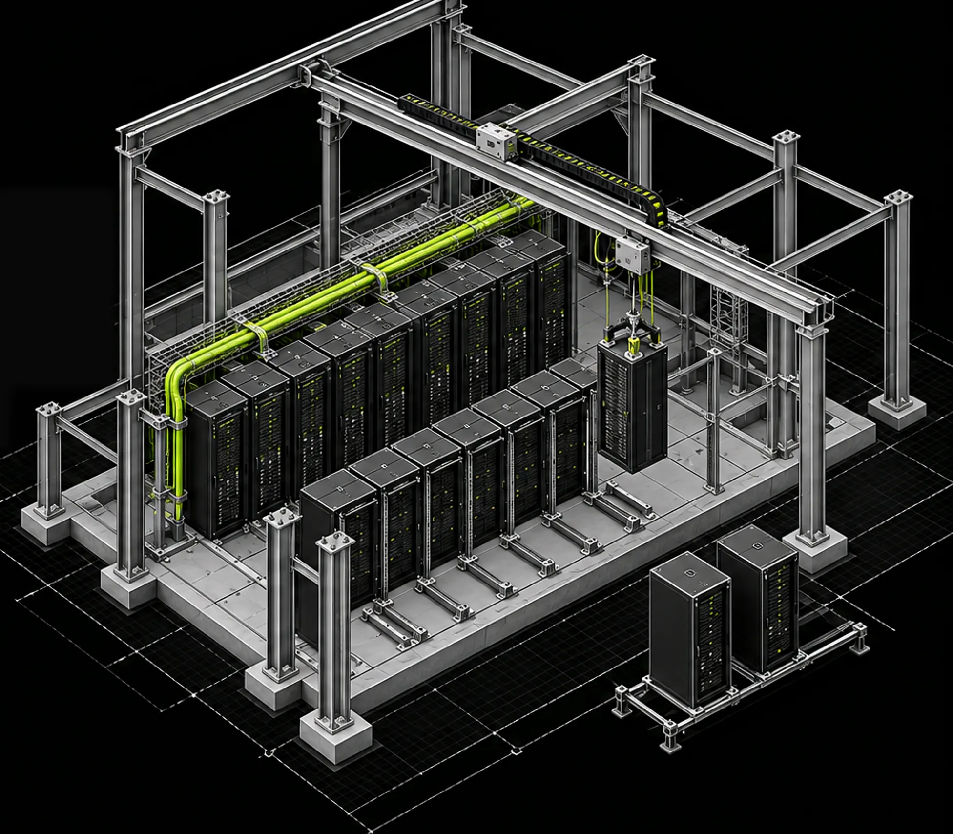 Isometric drawing of an overhead gantry lowering server cabinets into rows on a data center floor, with lime pipework above.