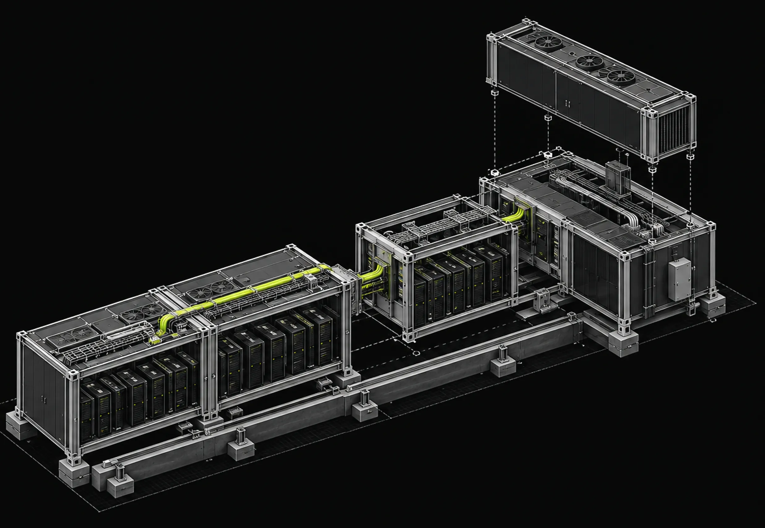 Isometric drawing of prefabricated data center modules on foundation rails, linked by lime service pipework.