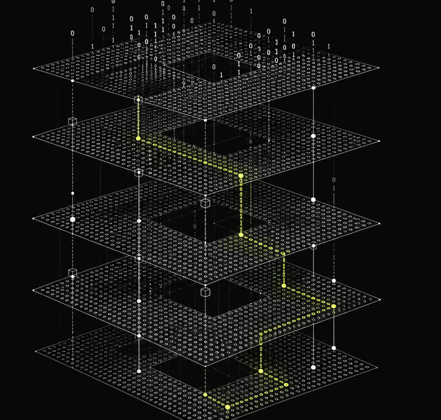 Line illustration of five stacked grid layers joined by a lime route that steps down through them.