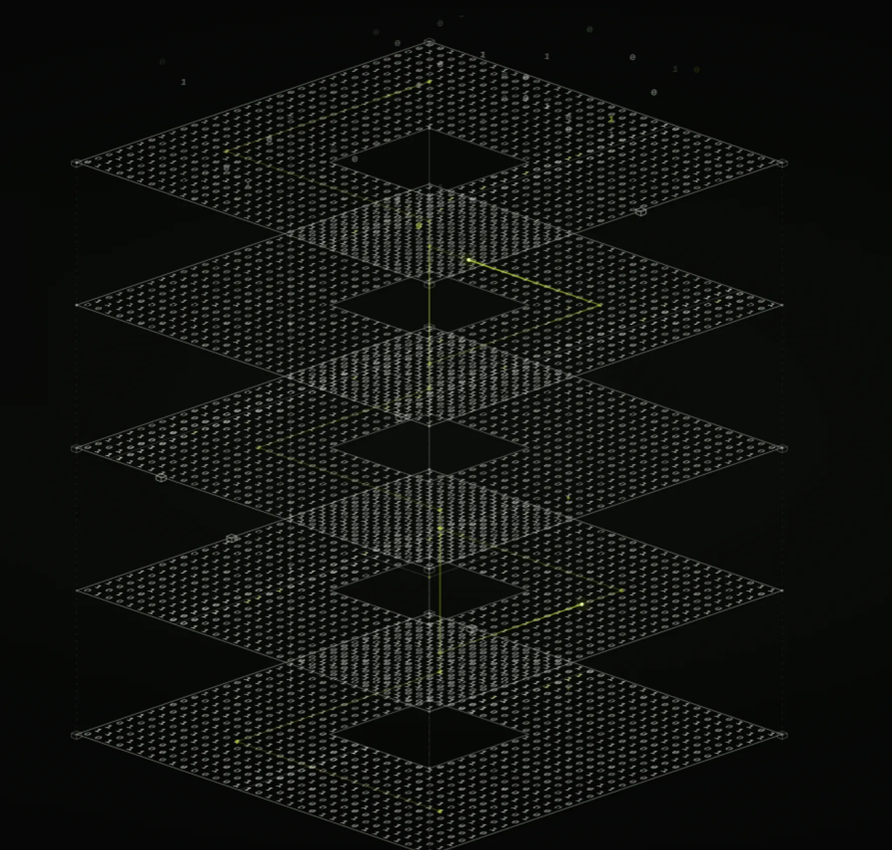 Line illustration of stacked layers made of faint binary digits, with a thin lime signal between them.