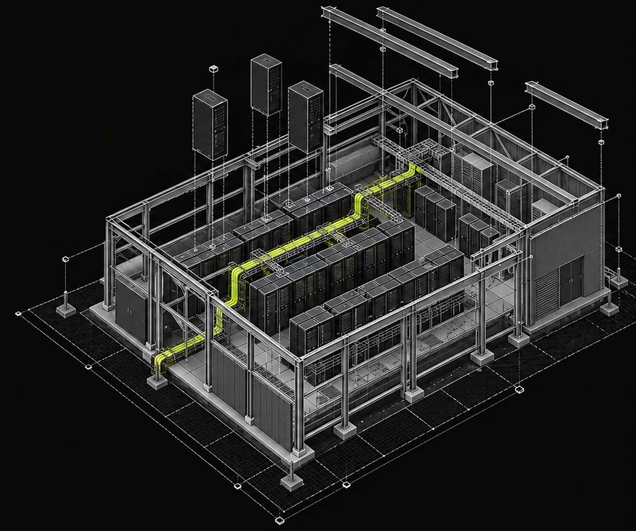 Isometric line illustration of a data center under construction: server racks lowering into a steel frame, roof beams above, with a lime service route running through the hall.